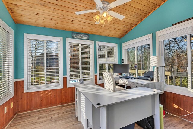 office area featuring wood walls, ceiling fan, light wood-type flooring, and lofted ceiling