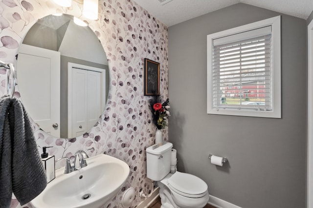 bathroom featuring toilet, a textured ceiling, sink, and vaulted ceiling