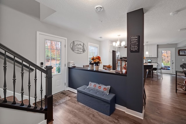 foyer featuring a healthy amount of sunlight, a textured ceiling, and dark hardwood / wood-style flooring