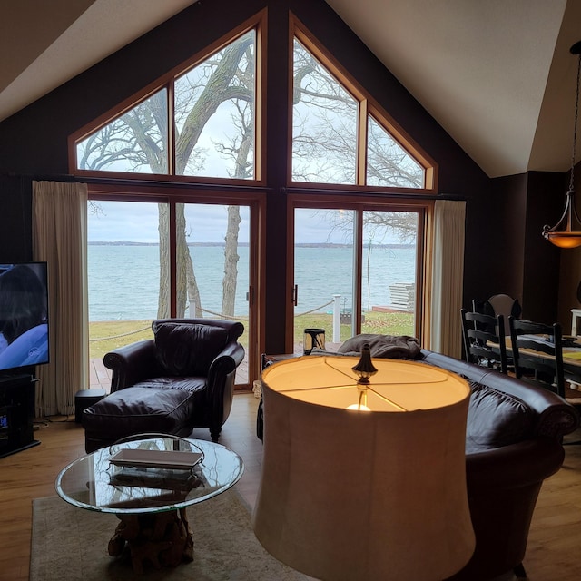 living room with light hardwood / wood-style floors, a water view, and high vaulted ceiling