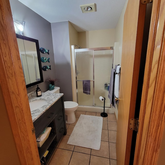 bathroom featuring tile patterned flooring, vanity, toilet, and walk in shower