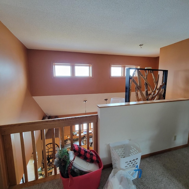 interior space with carpet flooring and a textured ceiling