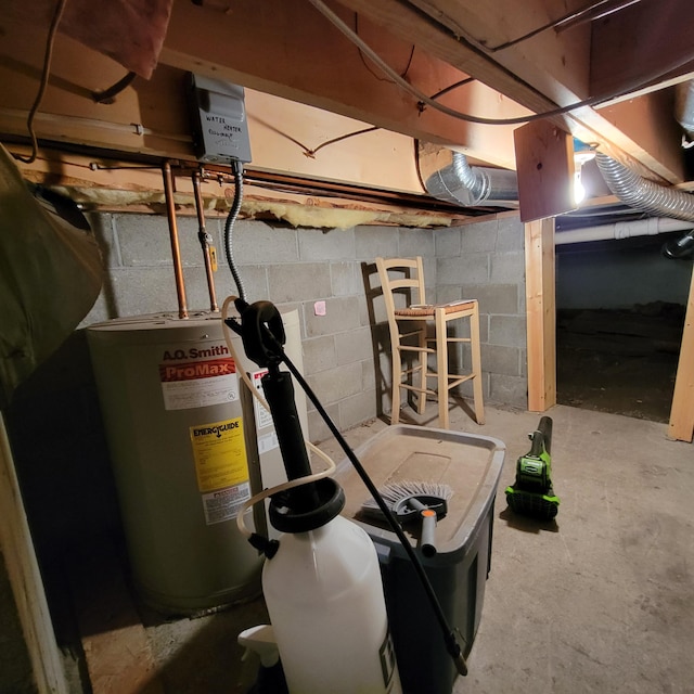 basement featuring water heater