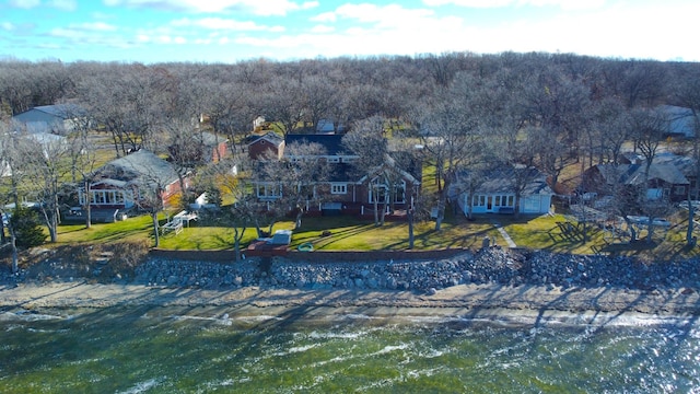 drone / aerial view with a water view