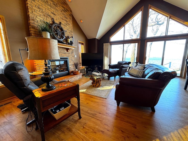 living room with hardwood / wood-style floors, a fireplace, and vaulted ceiling