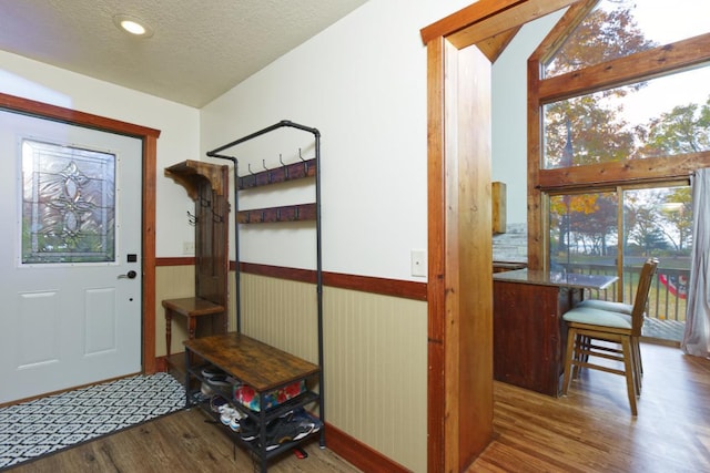 mudroom with lofted ceiling, a textured ceiling, and hardwood / wood-style flooring