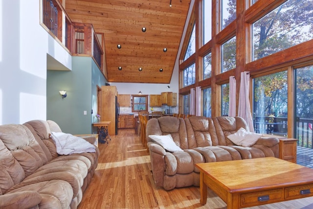 living room with high vaulted ceiling, wooden ceiling, and light hardwood / wood-style flooring