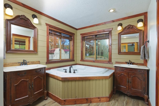 bathroom with vanity, a textured ceiling, and a bath