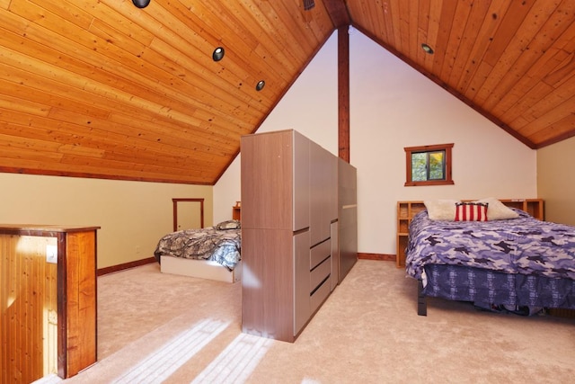 carpeted bedroom with lofted ceiling with beams and wooden ceiling