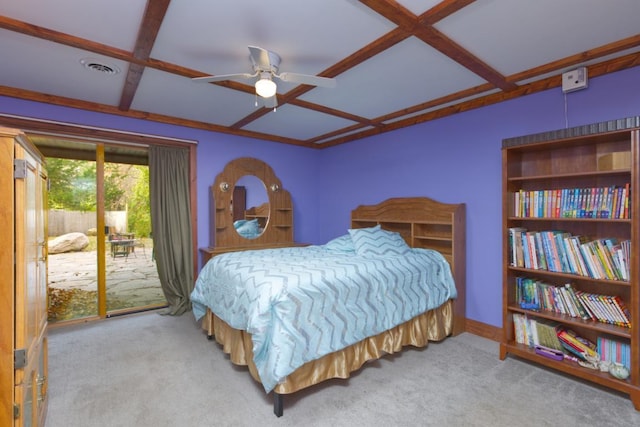 carpeted bedroom with ceiling fan, coffered ceiling, access to outside, and beamed ceiling