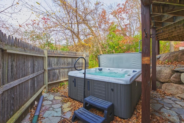 view of patio featuring a hot tub