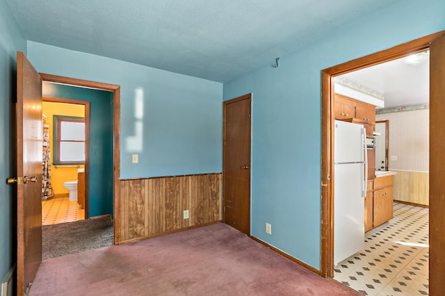 spare room featuring light colored carpet, wood walls, and wainscoting