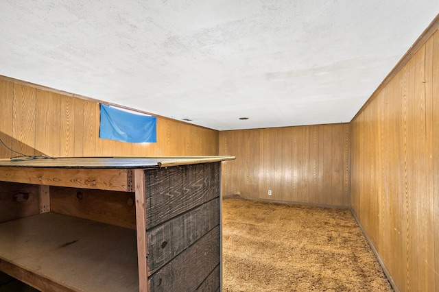 interior space with light colored carpet and wood walls