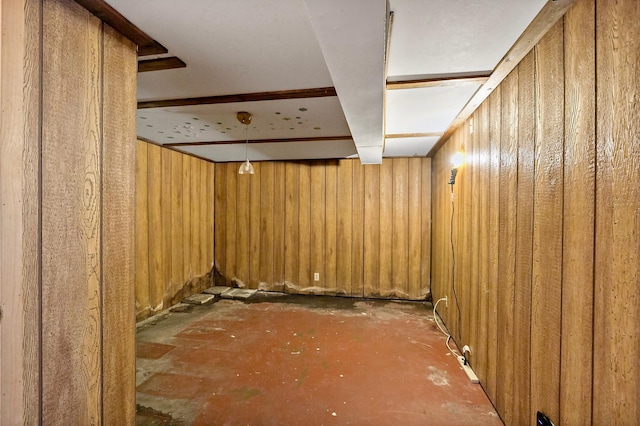 finished basement featuring wooden walls