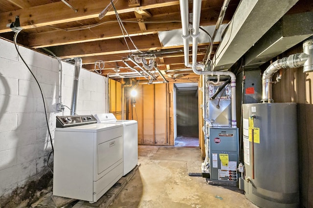 unfinished below grade area with heating unit, water heater, and washing machine and clothes dryer