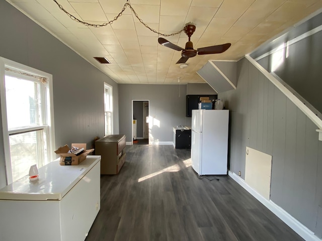 living room featuring crown molding, visible vents, baseboards, ceiling fan, and dark wood-type flooring