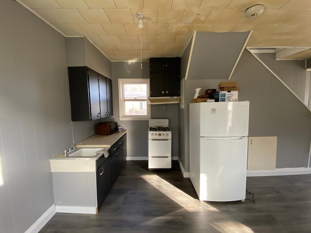 kitchen featuring a sink, light countertops, dark cabinets, white appliances, and dark wood-type flooring