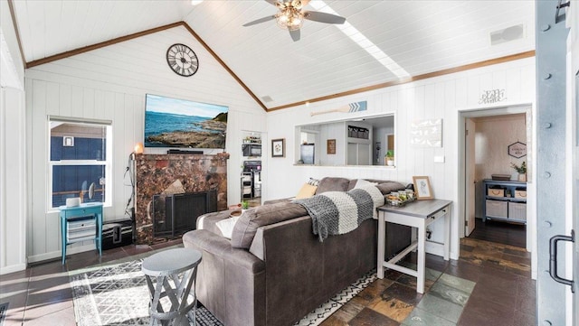 11470 Forada Beach Rd SE, Alexandria, MN 56308 - living room with ceiling fan, vaulted ceiling, and a premium fireplace