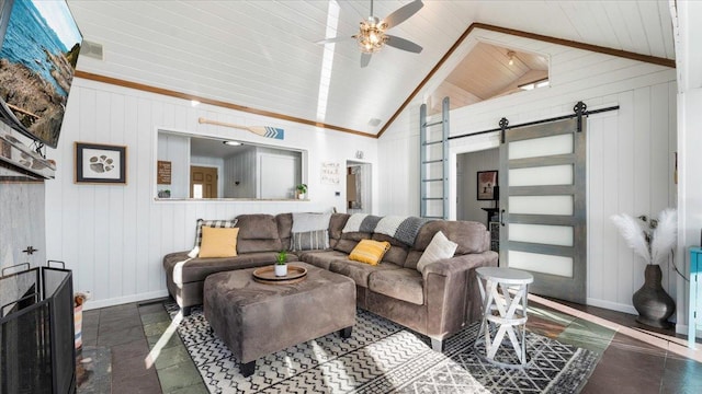 11470 Forada Beach Rd SE, Alexandria, MN 56308 - living room with ceiling fan, a barn door, wooden ceiling, baseboards, and high vaulted ceiling