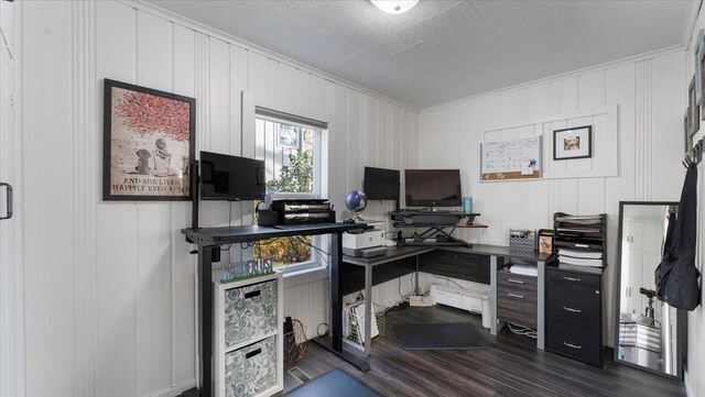 11470 Forada Beach Rd SE, Alexandria, MN 56308 - office with crown molding, a decorative wall, and dark wood-type flooring
