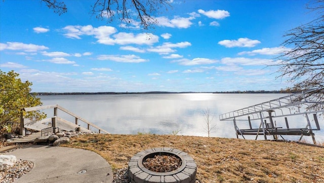 11470 Forada Beach Rd SE, Alexandria, MN 56308 - view of dock featuring a water view, a fire pit, and boat lift
