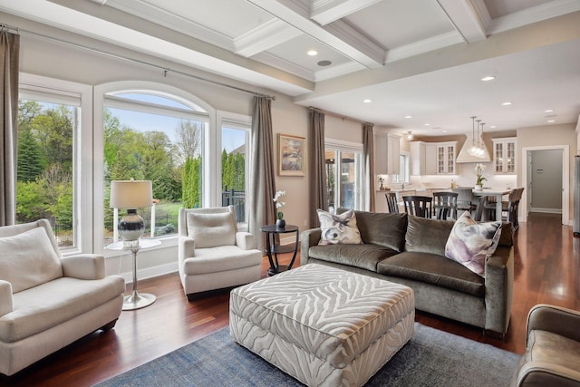 living area with coffered ceiling, dark wood-type flooring, beam ceiling, and recessed lighting