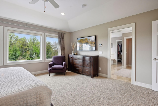 bedroom featuring baseboards, ceiling fan, recessed lighting, and light colored carpet