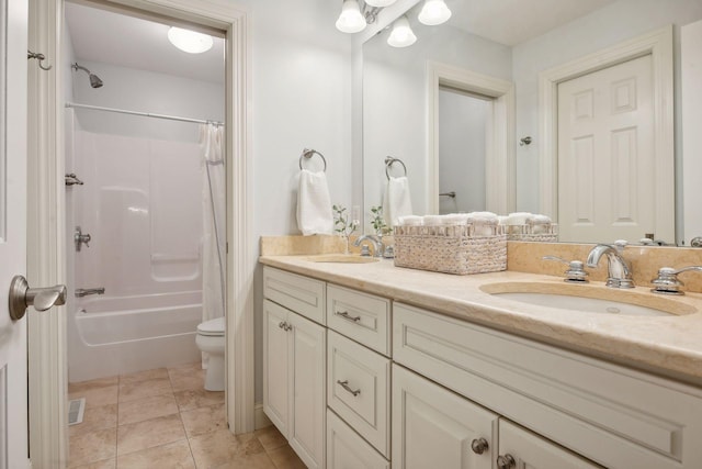 bathroom with shower / tub combo, a sink, toilet, and double vanity