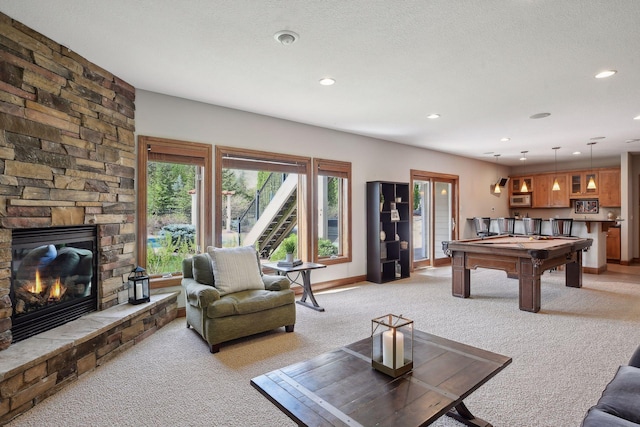 playroom with a fireplace, recessed lighting, pool table, light carpet, and baseboards