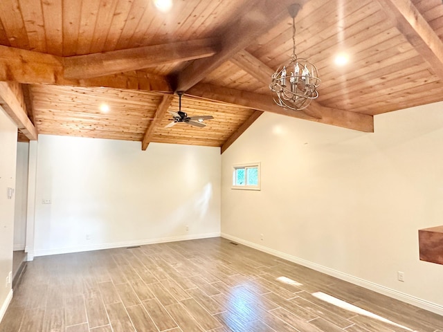 spare room with wood ceiling, wood finished floors, ceiling fan with notable chandelier, vaulted ceiling with beams, and baseboards