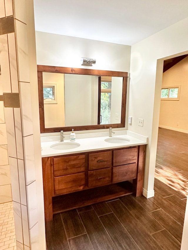 bathroom featuring a sink, double vanity, and wood finish floors