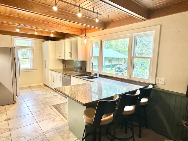 kitchen with stainless steel appliances, a sink, wood ceiling, and track lighting