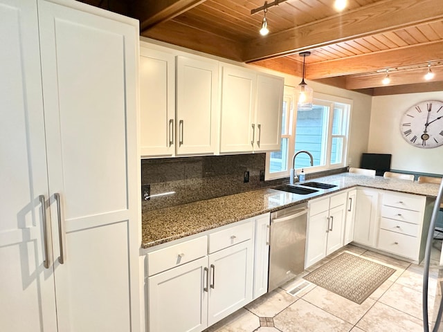kitchen with a sink, wooden ceiling, high quality fridge, white cabinets, and stainless steel dishwasher