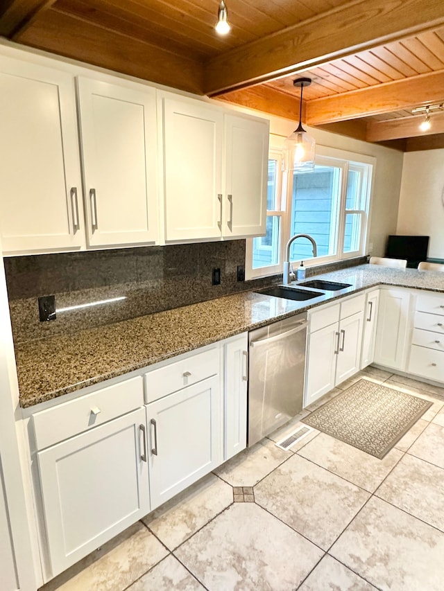 kitchen with a sink, wooden ceiling, decorative backsplash, white cabinets, and stainless steel dishwasher