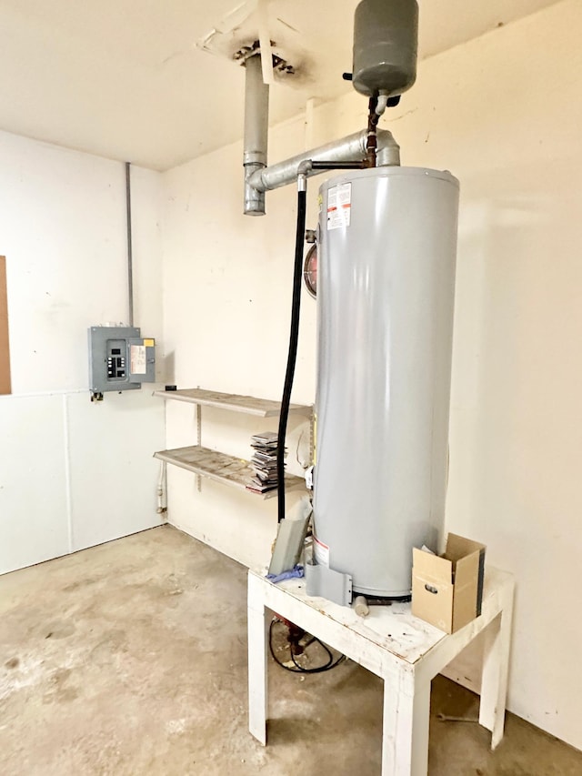 unfinished basement with electric panel and gas water heater