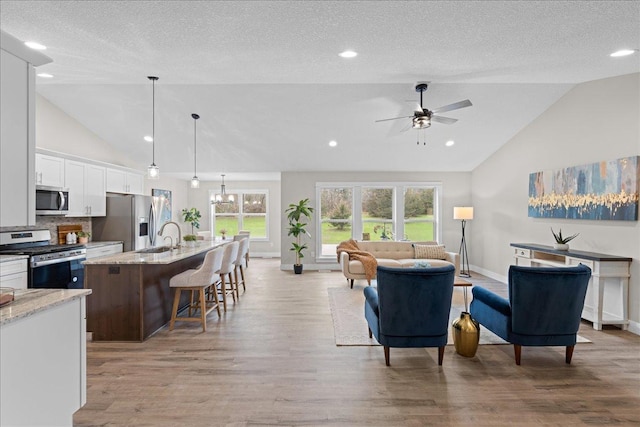 living room featuring a textured ceiling, light hardwood / wood-style flooring, a healthy amount of sunlight, and ceiling fan with notable chandelier