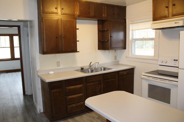 kitchen with electric stove, tasteful backsplash, sink, and dark hardwood / wood-style flooring