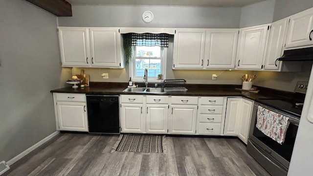 kitchen with white cabinetry, black appliances, sink, and dark hardwood / wood-style flooring