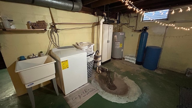 utility room featuring washer / dryer, sink, and water heater