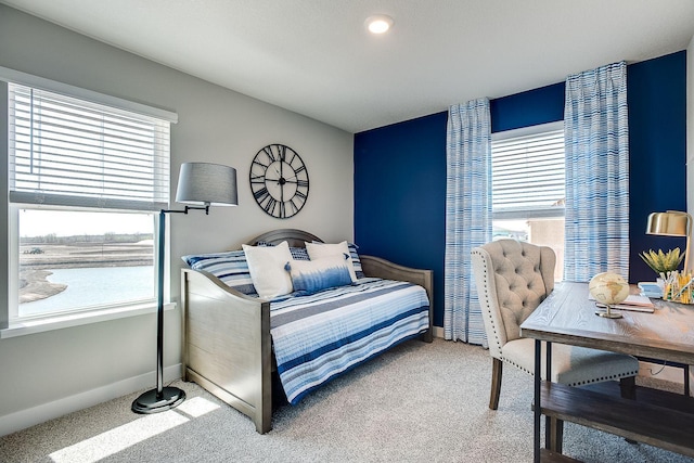 carpeted bedroom featuring multiple windows