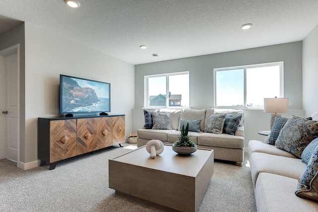 carpeted living room with a textured ceiling