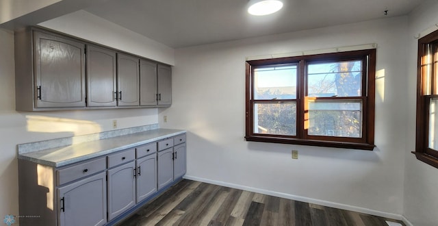 kitchen with dark wood-type flooring and gray cabinetry