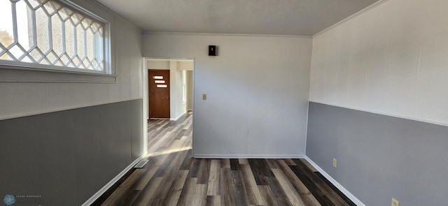 corridor featuring crown molding and dark hardwood / wood-style floors