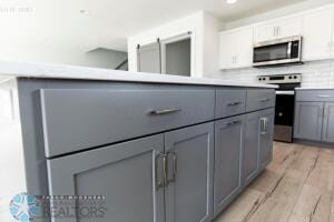 8447 61st St S, Horace, ND 58047 - kitchen featuring stainless steel appliances, gray cabinets, tasteful backsplash, light wood finished floors, and light countertops