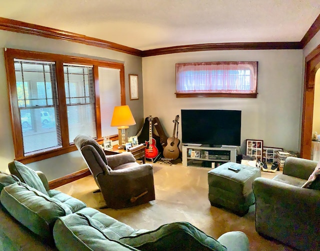 carpeted living room with ornamental molding