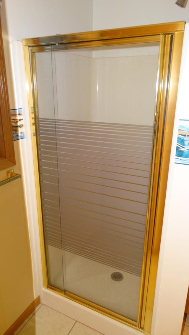 bathroom featuring a shower with door and tile patterned floors