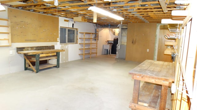 basement featuring a workshop area and sink