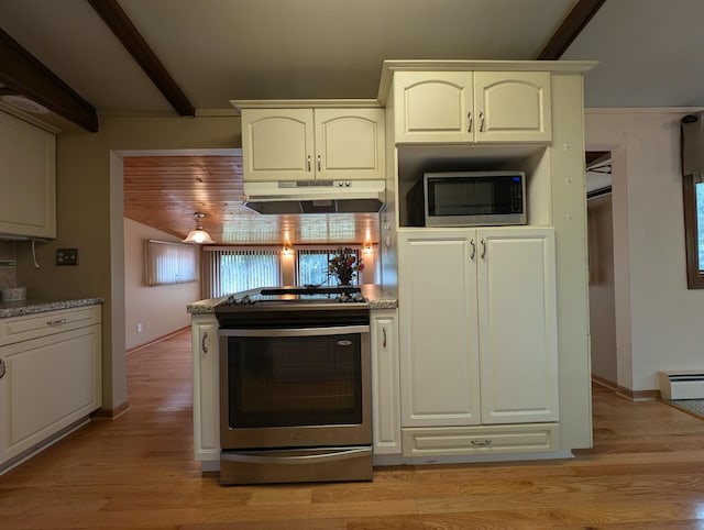 kitchen featuring vaulted ceiling with beams, baseboard heating, light hardwood / wood-style flooring, stainless steel appliances, and white cabinetry