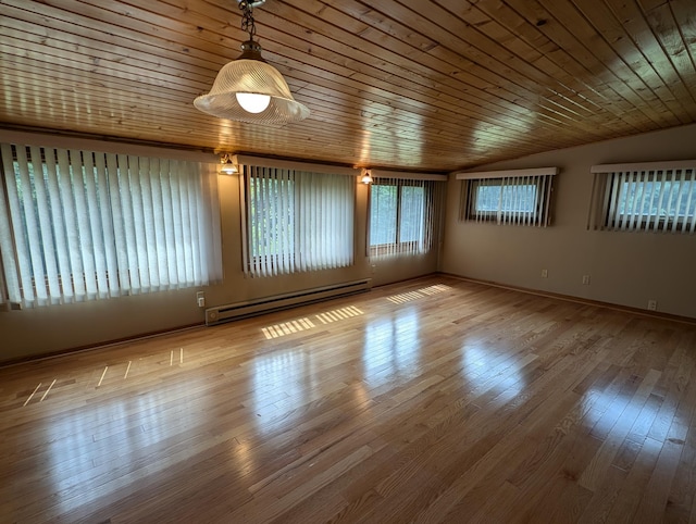 unfurnished room with a baseboard heating unit, wooden ceiling, light wood-type flooring, and vaulted ceiling