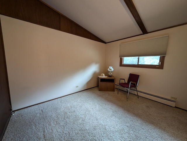 interior space with lofted ceiling with beams, carpet, and a baseboard heating unit